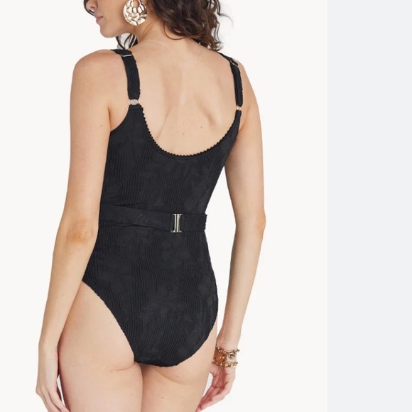 New Aqua Blu  Black Textured One-Piece Swimsuit with Decorative Buckle size 12 - Picture 12 of 12